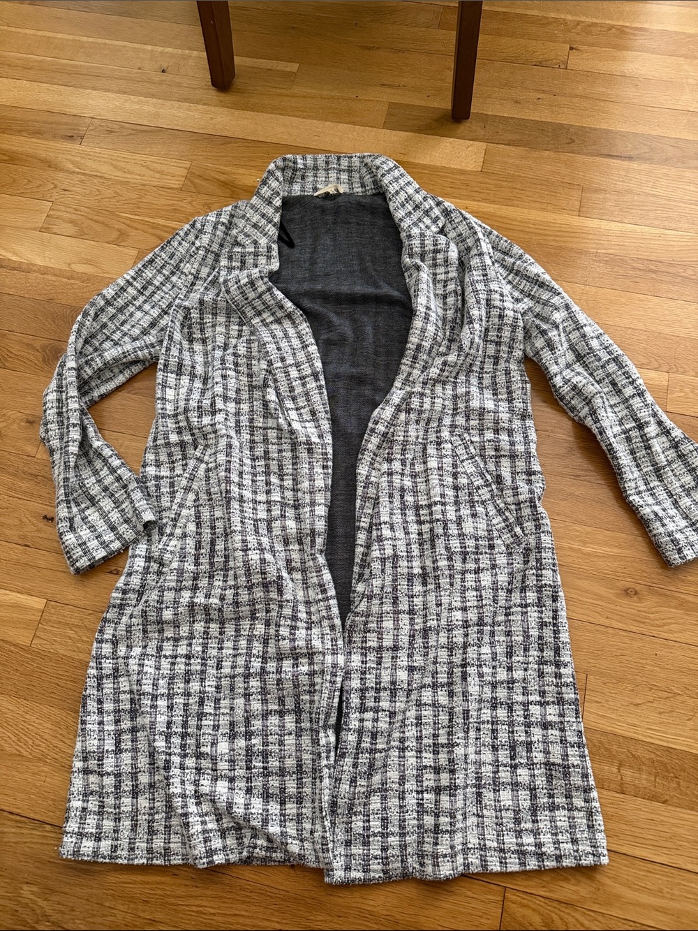 Open-Front Gray and White Plaid Long Coat